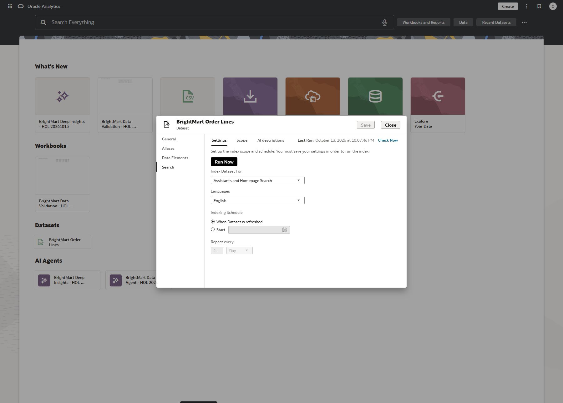 Dataset indexing settings: Assistants and Homepage Search