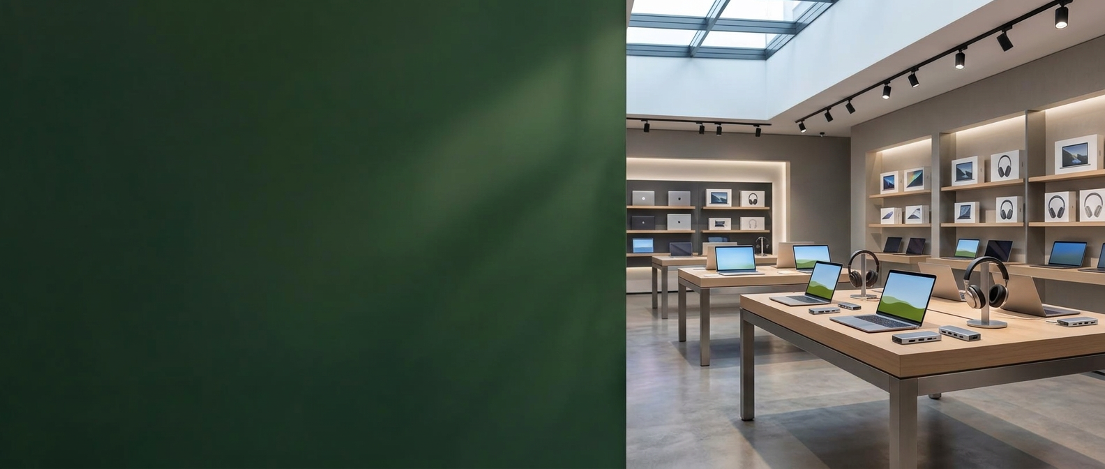 BrightMart electronics showroom featuring Everyday Laptops, Wireless Headphones and USB-C Hubs